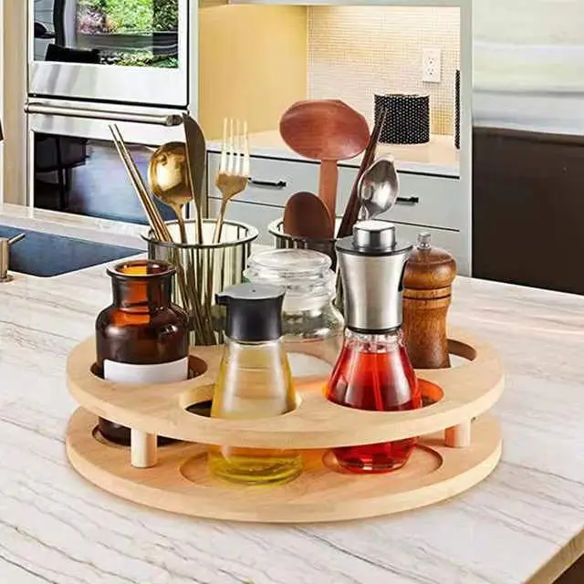 Bamboo Rotating Spice Rack Countertop 7 Bottles Organizer Holder Bamboo Lazy Susan Rack Organizer Shelf for Kitchen Spice Holder