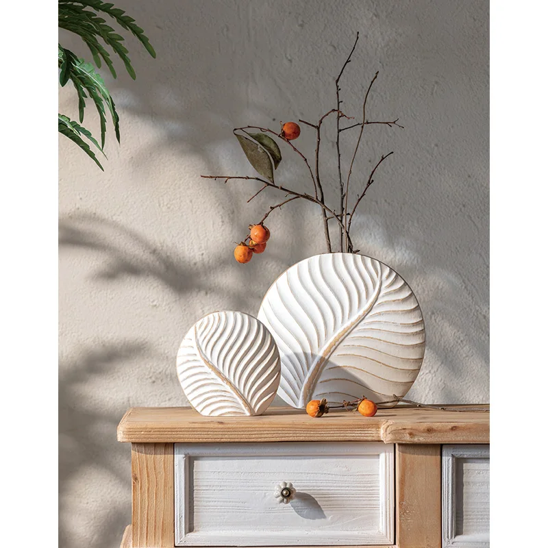 Wood dried flower vase flower holder scallop shape white dining table living room home decoration factory wholesale