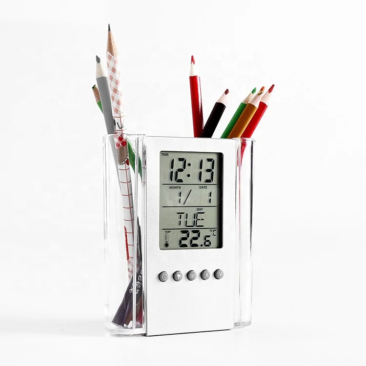 Alarm Clock Plastic Pen Holder tubular Multifunctional Office Electronic digital clock Calendar temperature promotional gift