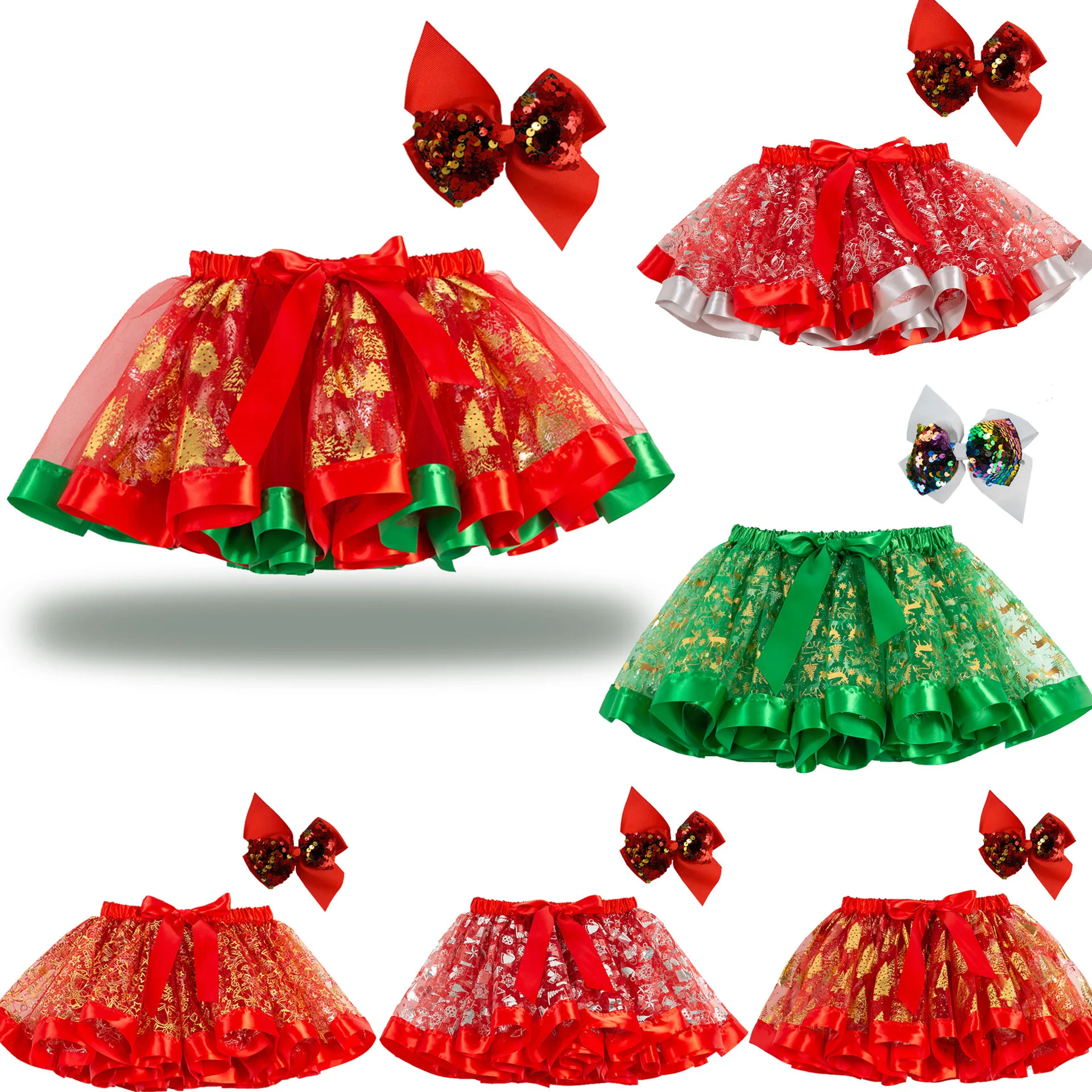 New Style Christmas Tutu Skirt Toddler Cute Red Party Dress Christmas Trees Dress with Hair Clip