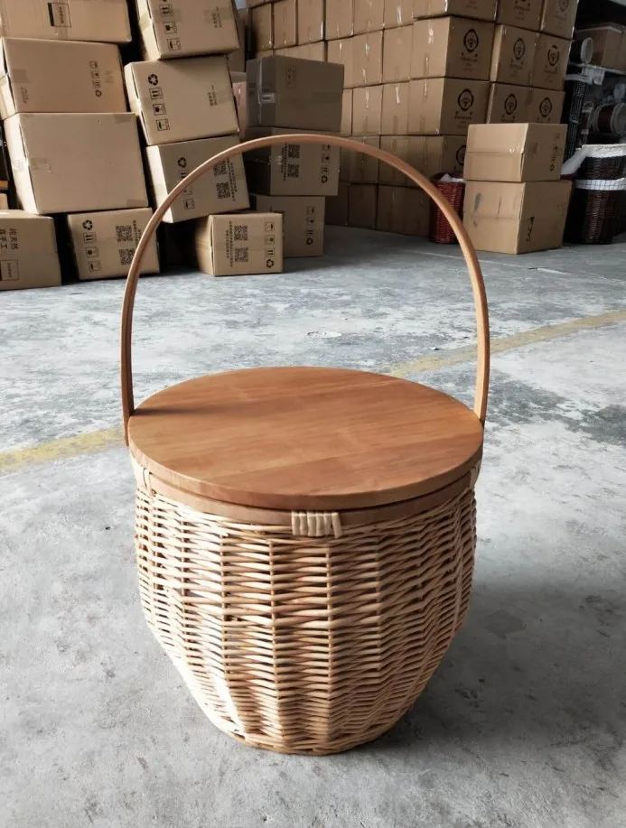 Round Wicker Picnic Basket With Wood Lid And Put Down Handle Storage Baskets