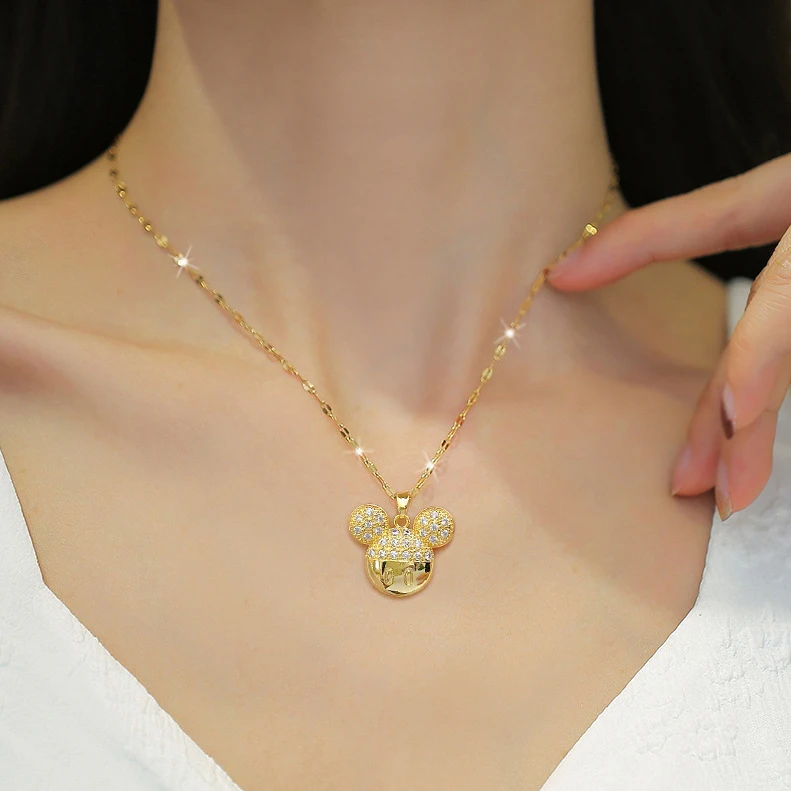 Fashion Waterproof Silver 18K Gold Plated Stainless Steel Diamond Zircon Women Mouse Ears Mickey Necklace Jewelry