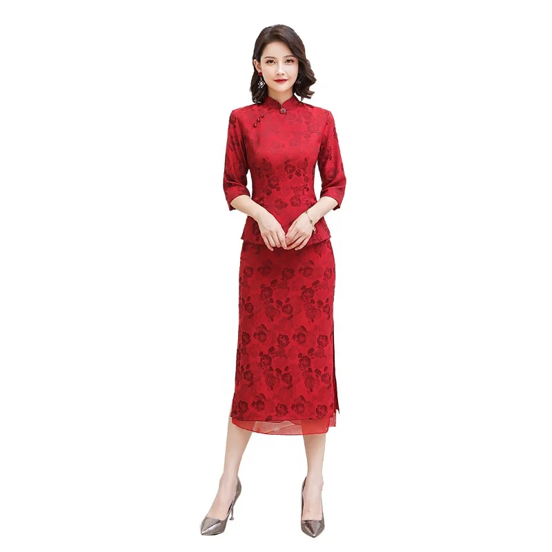 
Chinese Traditional Tang Cheongsam bride two piece set Red Qipao wedding party Dress For Women 