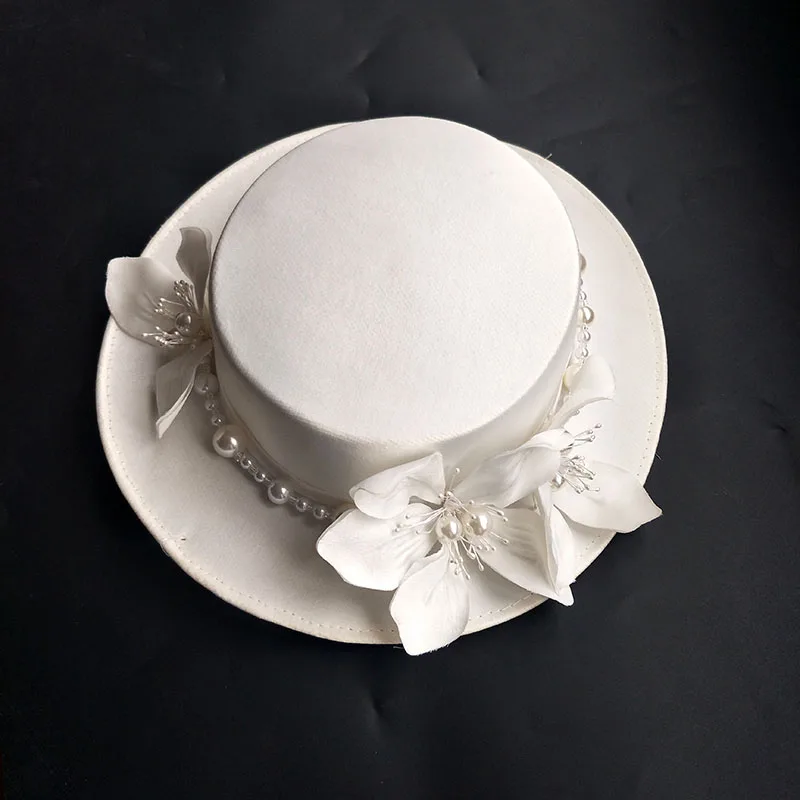 
Classical cute elegant white plain hat style pearl beading silk flower decorative bridal fascinator hat 