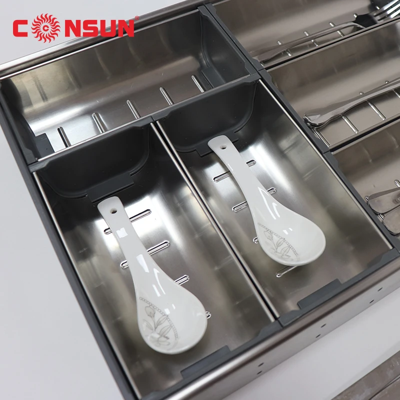 Food Grade Stainless Steel Kitchen  Cupboard Cutlery Tray Drawer Utensils Partition Freely Storage Pull Out Rack