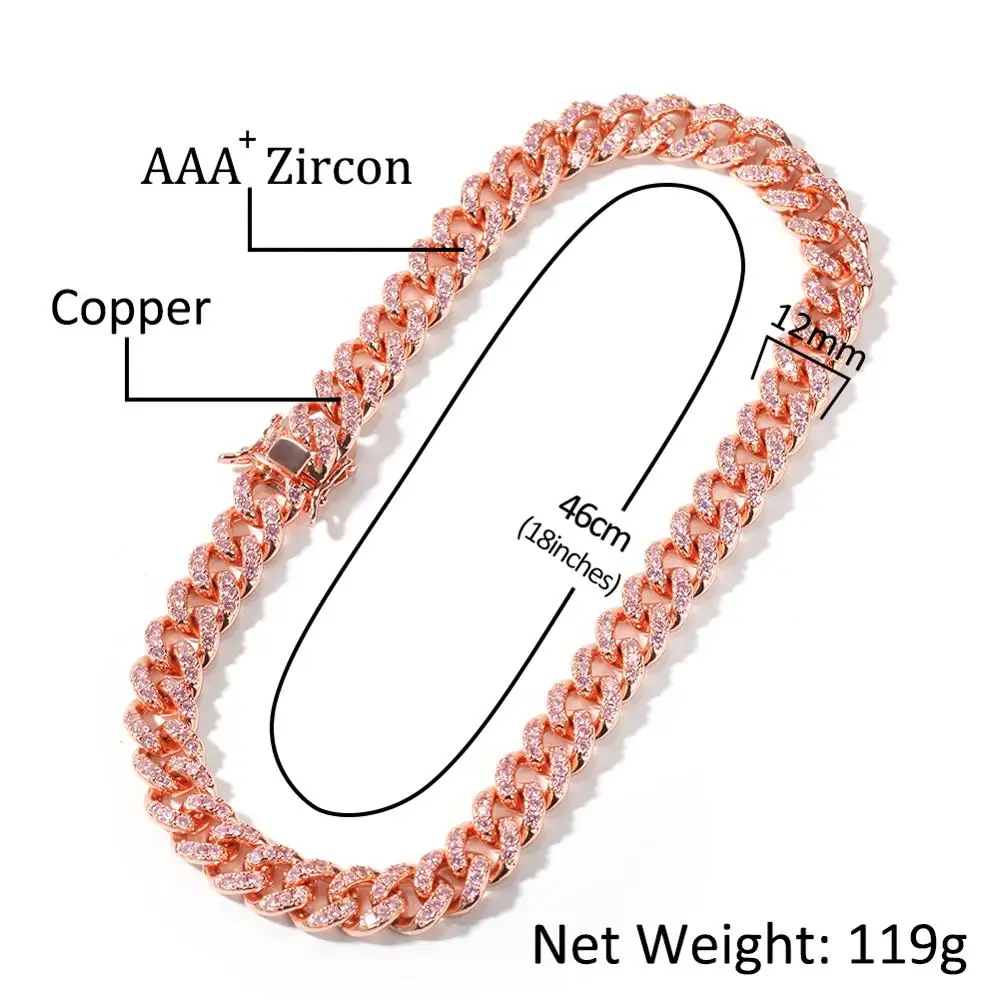 Iced Out 12mm Pink CZ Cuban Link Chain Miami Choker Rose Gold 14inch 16inch Short Necklace Women Men Jewelry