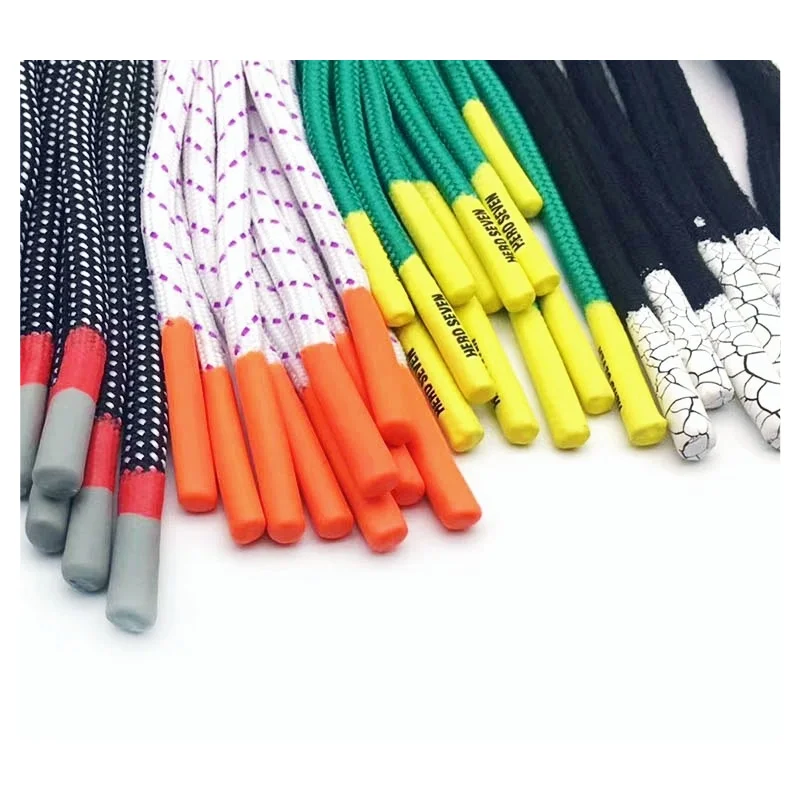 Wholesale Polyester Drawcords and Shoelaces Dipping Tips Hoodie Drawstring Pants Rope Custom Logo Silicone Opp Bag Woven Waxed