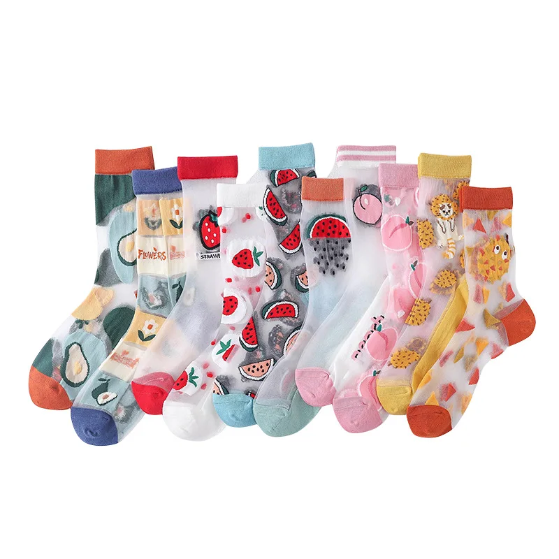 Summer Cartoon Thin Breathable Crystal Fruit Design Cute Colourful Women Silk Socks