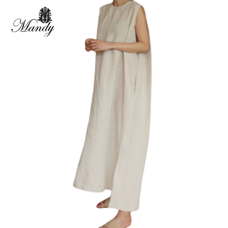 2024 New Summer Linen Dress Women Casual Long Loose Plus Size Sleeveless Round Neck Dresses Clothing Woman Natural Adults