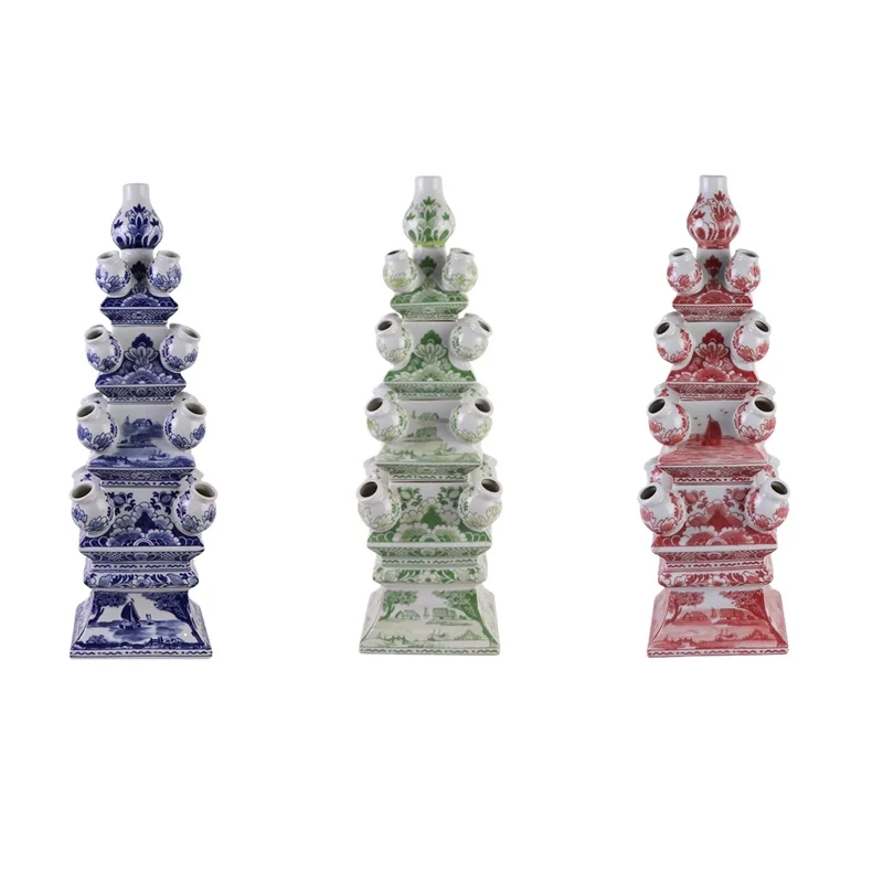 RZSI44 Blue and White Porcelain Pagoda Form Tulipieres Mid Century Home Flower Vase Decor red and White, Green and White colors