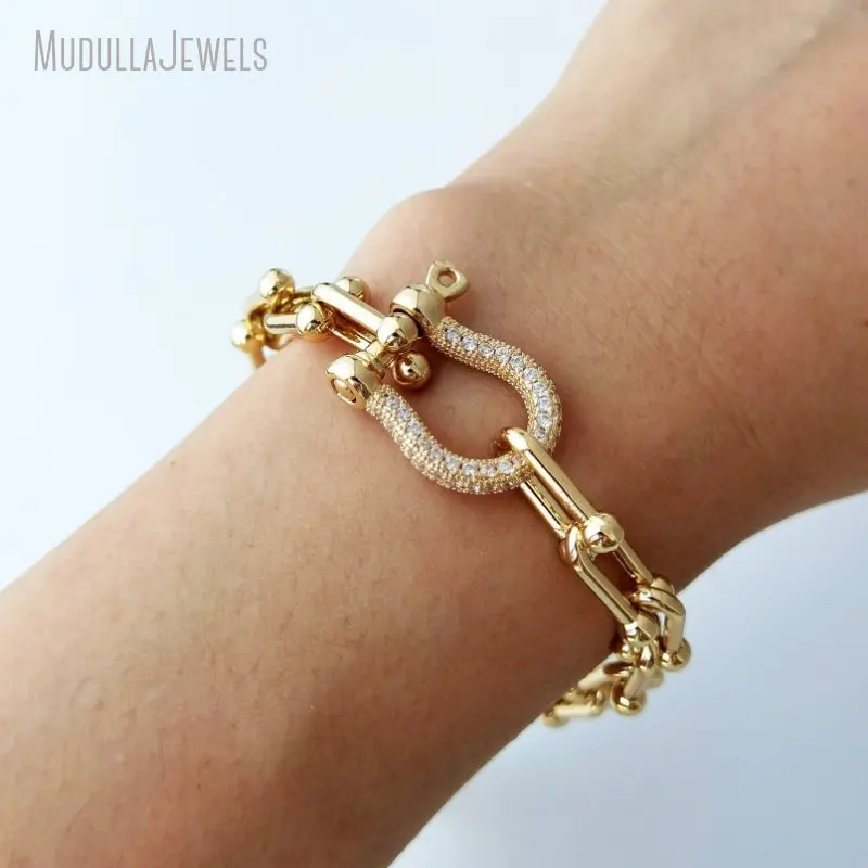BM49477 Screw Carabiner Horseshoe Clasp U Shape Lock Chunky Chain Stainless Steel Bracelet Gold Plated Bride Bridesmaid Jewelry