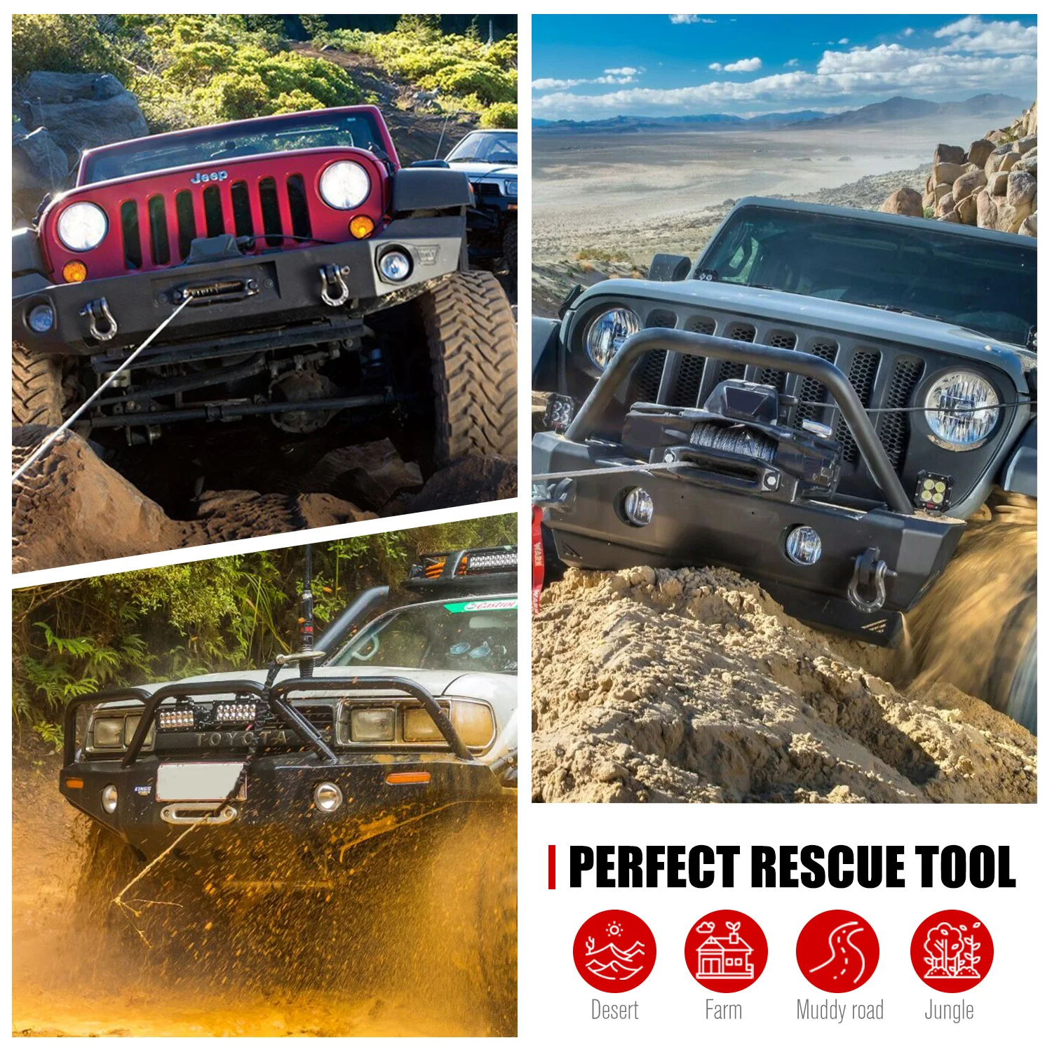 FIERYRED 3/8' Inch X 85FT Breaking Strength Synthetic Winch Rope With Black 4WD Hook for SUV ATV Trailers Offroad