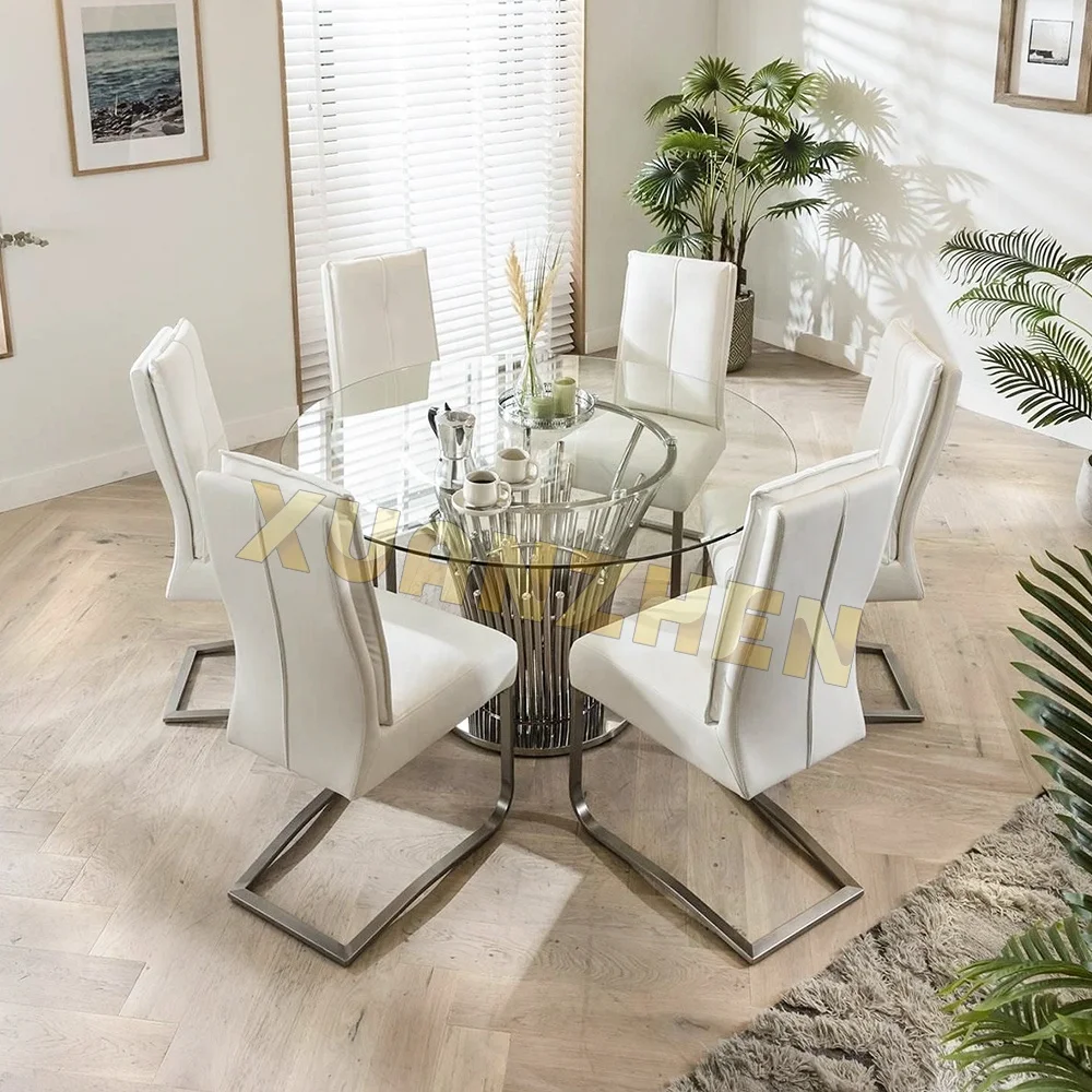 Living room furniture restaurant stainless steel modern glass luxury dining table round dining table set dining tables