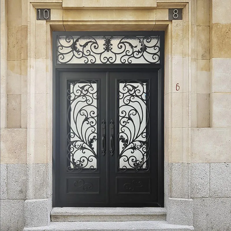 ABYAT Luxury Exterior Front Door Shatter Glass Design Square Arch Wrought Iron Doors