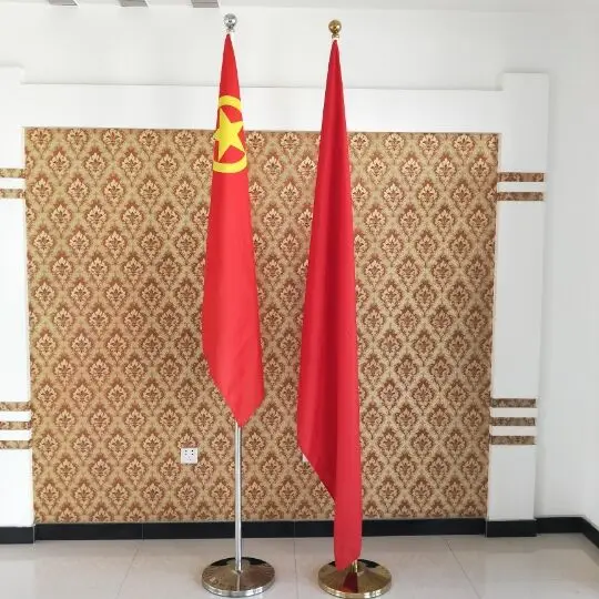 Adjustable indoor office floor free standing on the floor base office gold silver color stainless steel flag stand pole set