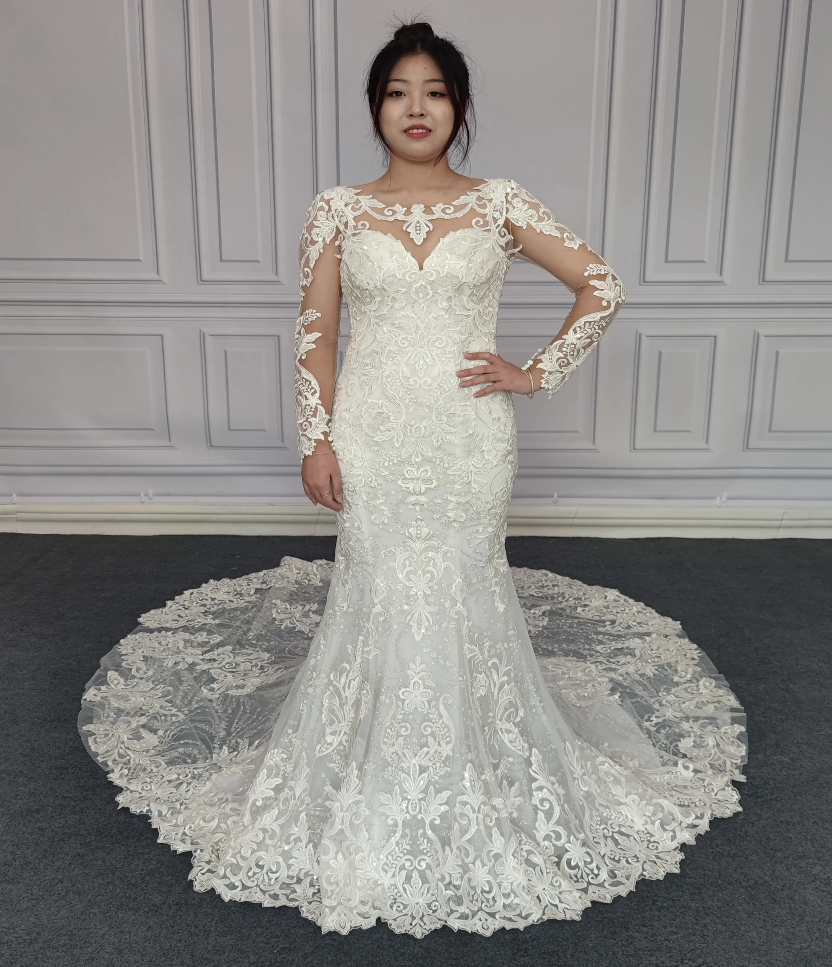 Long Sleeve Lace Mermaid Wedding Dress 2023 China Guangzhou Plus Size for Women 1 Piece 100% Polyester Modern Illusion Ivory