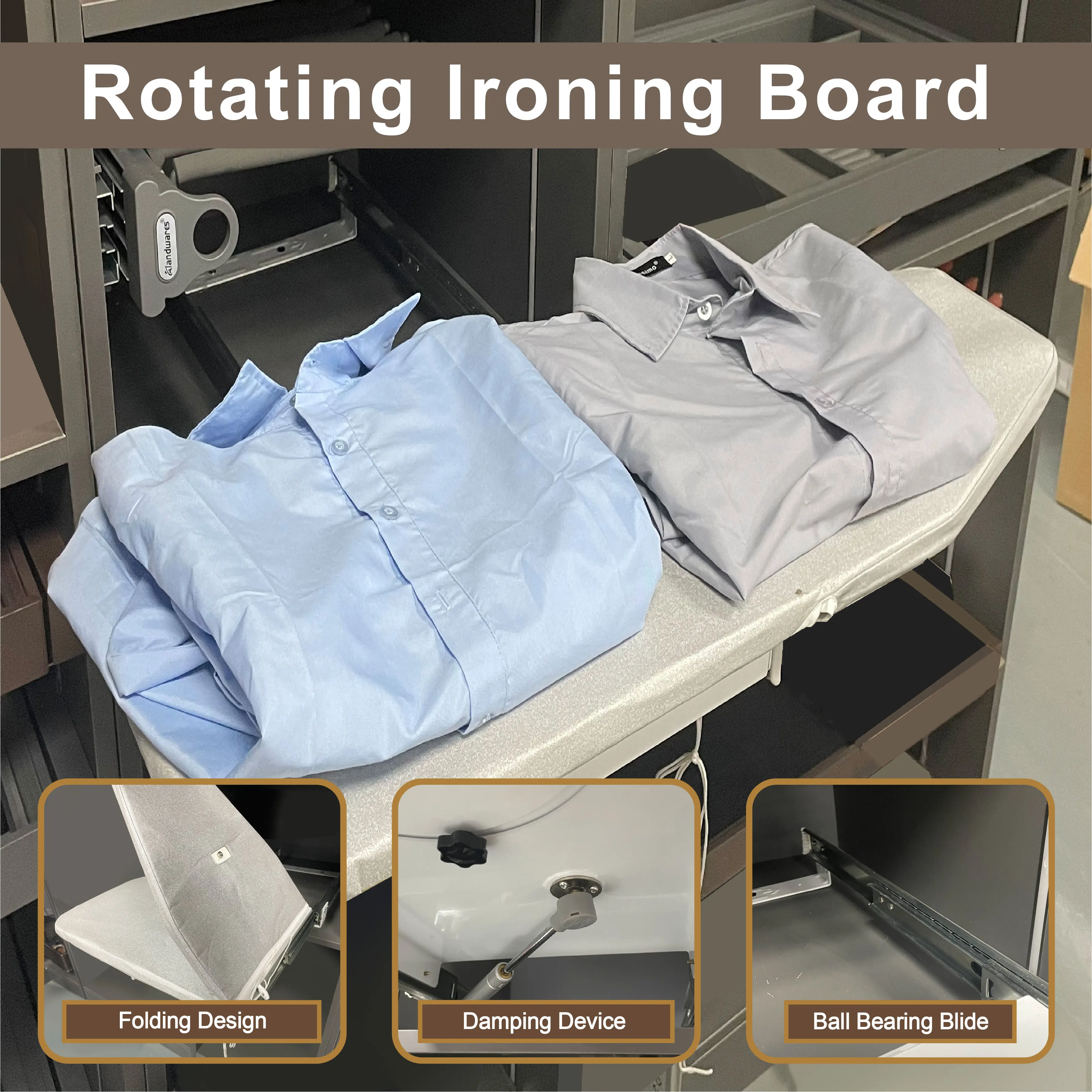 Stow-away Pressing Banana-shape Covers Gray Rotating Ironing Board Table Top Foldable for Bespoke Suit
