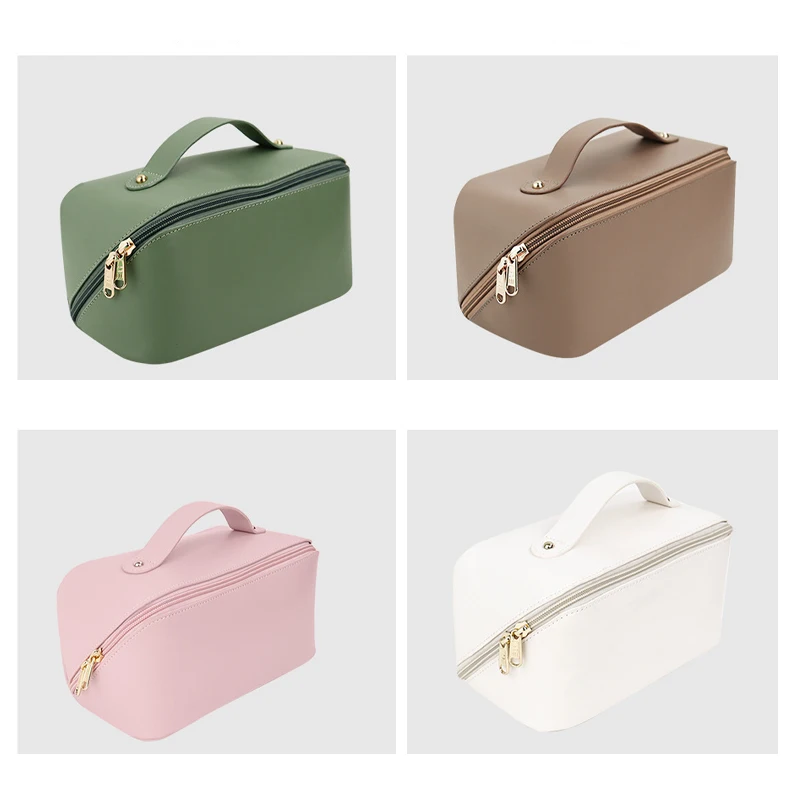 Cosmetic Travel Bag Cases Wholesale Travel Toiletry Bag Made of PU Leather Lay Flat Makeup Bag with Handle and Divider