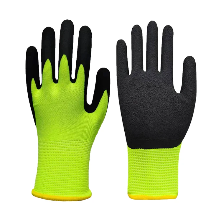 Hi-Vis Yellow 13G Crinkle Latex Palm Coated Work Safety Glove for General Multi Use Construction Warehouse Gardening Assembly