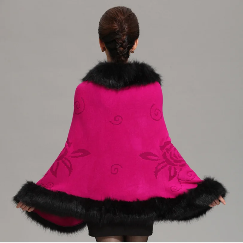 Модное женское пальто из искусственного меха на осень и зиму кожаное пончо с воротником лисьего накидки Женская шаль накидка шерстяное меховое