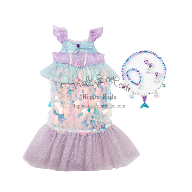 RTS Korea Mermaid Girl Halloween Cosplay Costume Princess Kids Sequins Birthday Party Fancy Dress Necklace