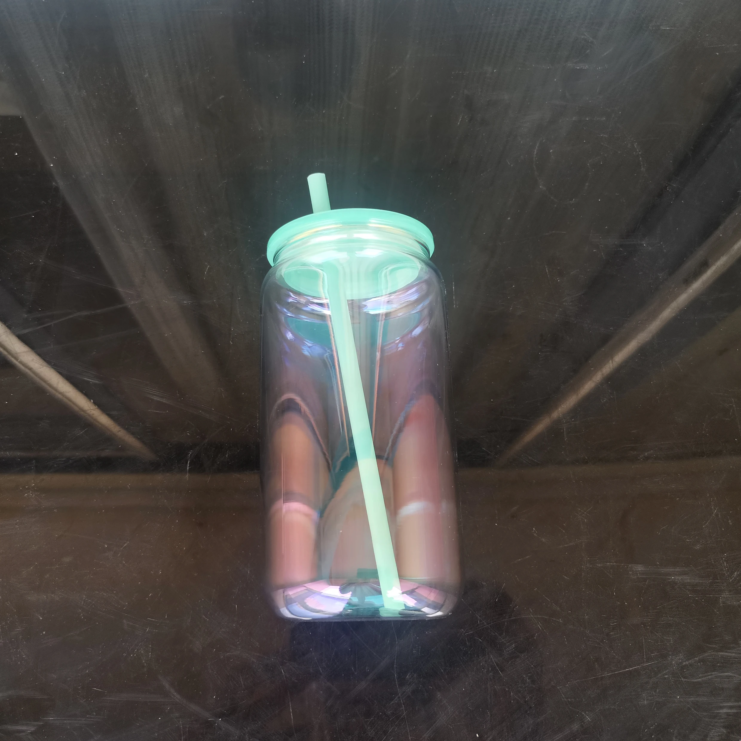 wholesale bulk iridescent rainbow plated blank sublimation with colored lids and straw  Holographic 16oz beer glass can