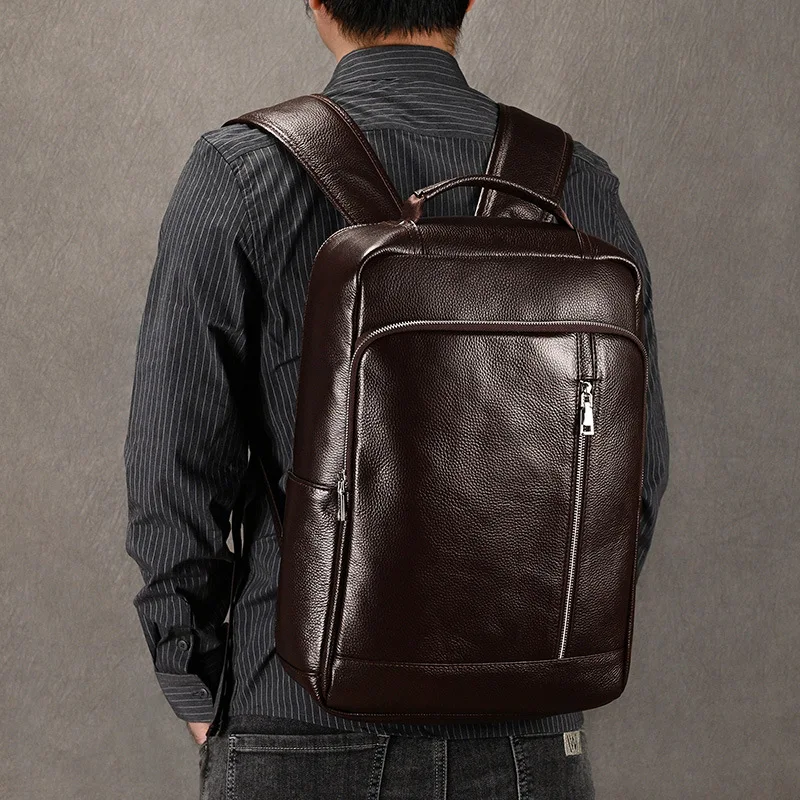 Mens Genuine Leather Backpack Korean Style Office 14 Inch Laptop Bag Top Grade Cowhide Black Business Large Capacity Backpack