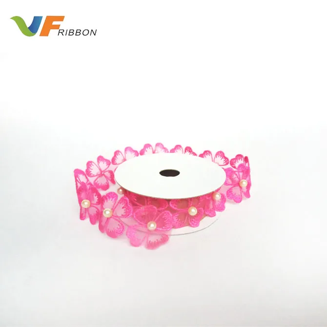 Chiffon Pearl Flower Embroidered Lace Trim / Bridal Wedding  Lace  wholesale haberdashery trim