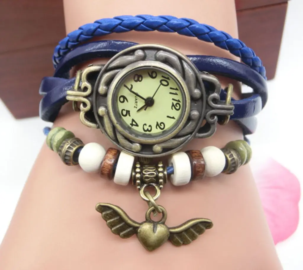 
Wholesale Wrap Leather Braided Bead Wood Rope Bracelet Men Women Bracelet Bird Charm Watch 