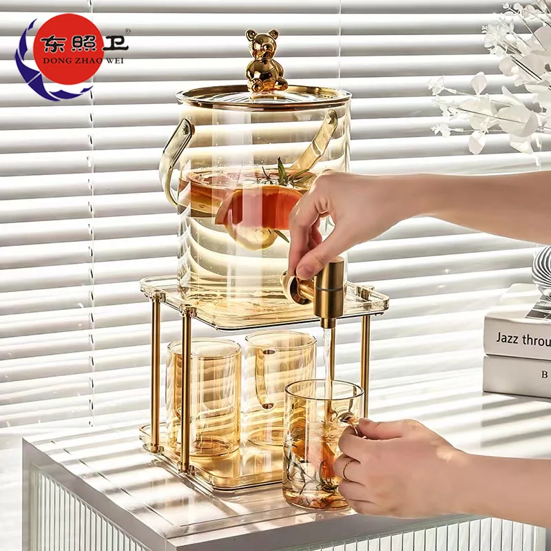 Stylish Party Catering Drink Container Bear Cover Juice Dispenser Cold Ice Beverage Commercial Golden Glass Drink Dispensers