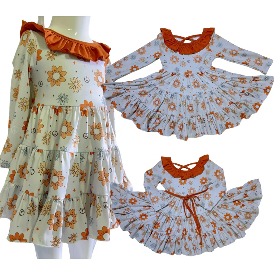 Baby girl Dresses Milk Silk Floral Printed Spring Twirl Dress long Sleeve Dresses For Kids Girls