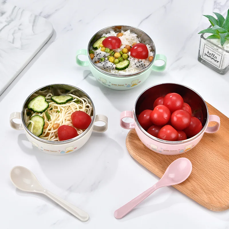Baby Feeding Bowl Stainless Steel Insulation Bowl Spoon Set Cartoon Printed Children Food Bowl Bpa Free 300ml Custom Logo