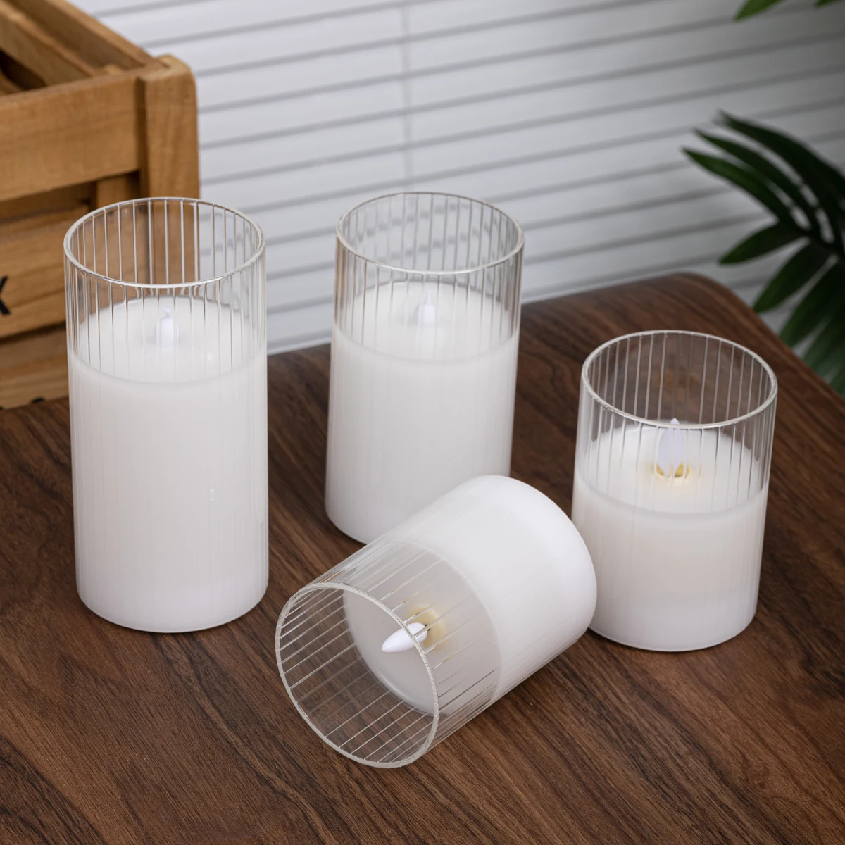 Striped Roman column Glass Jar Led Wax Candle Simulated Led Candle with Moving Wick Flameless for Romantic Wedding Decorative