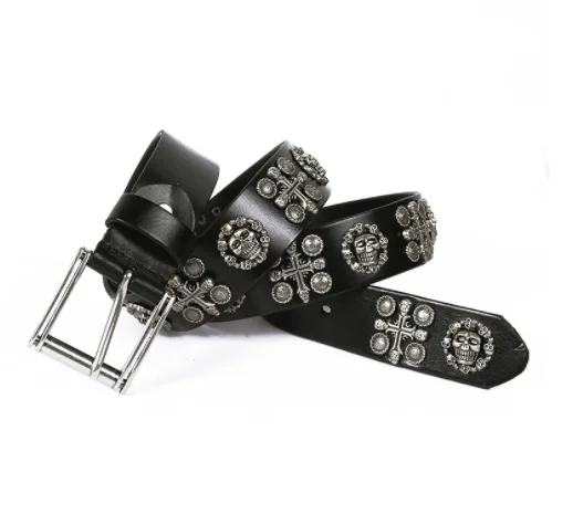Ремень в стиле локомотивов для мужчин и женщин, нейтральный кожаный пояс из денима в стиле панк, с заклепками в виде черепа