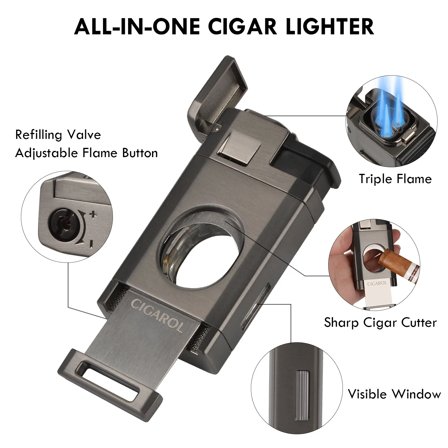 Hot sales Cigar Torch Lighter with Built in Cigar Cutter Triple Jet Flame Lighter Refillable Butane Windproof Lighters