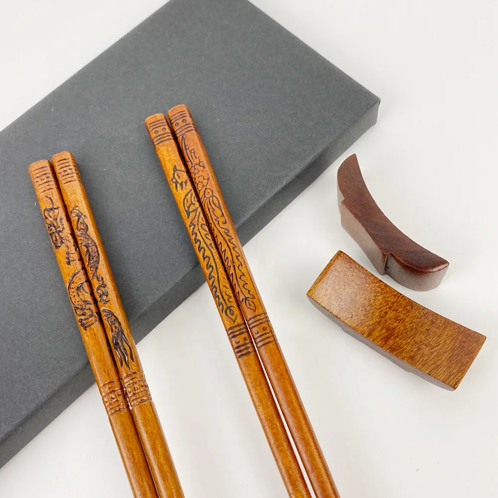 Vintage Chinese Dragon and Phoenix Pattern Natural Wood Chopsticks Couple Chopstick Set