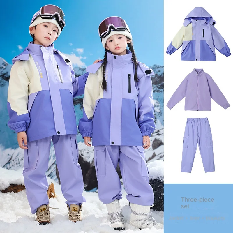 New Thickened Warm DuPont Three-Proof Ski Suit for Boys and Girls Autumn Winter Three-Piece Set for Primary School Students