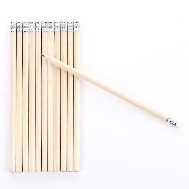 Custom Logo Nature wood color HB Pencil Round Shape With White Eraser