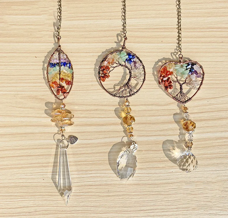 7 Chakra Healing multicolor Natural Stone chips Tree Of Life Prism Crystal Pendant wall Hanging Home house Window Decor