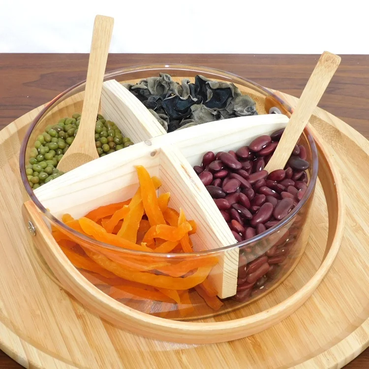 Lead Free Basket Storage Kitchen Glass Food Container With Bamboo Handle Glass Tray