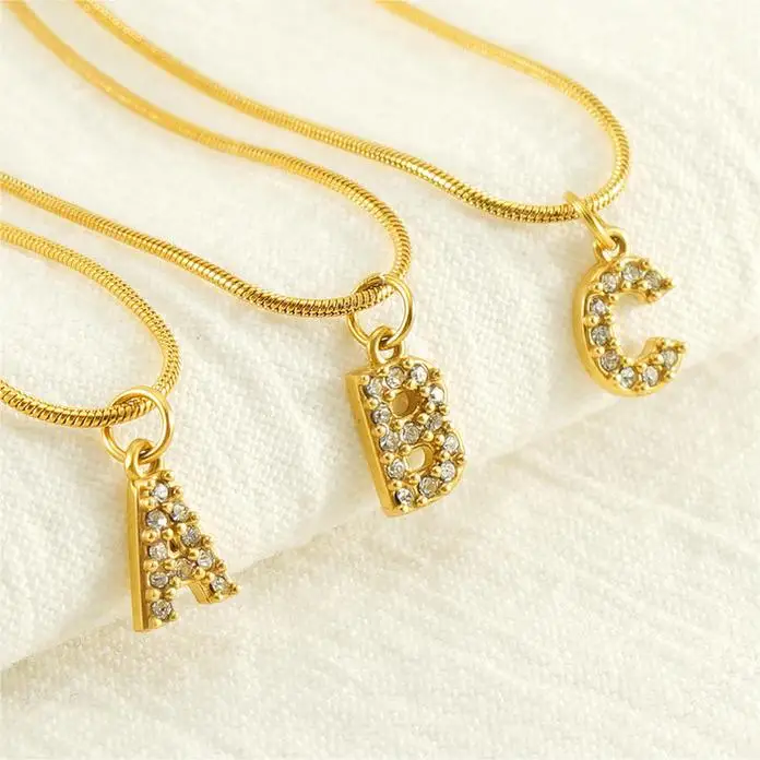 Stainless Steel Fashion Diamond A-Z Letter Necklace Women 18K Gold Plated Snake Chain Necklace