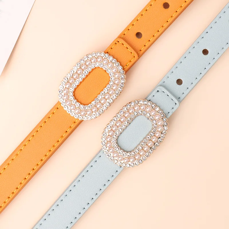 Women Jeans Luxury Fashion Waist Belt Lady Trend Oval Alloy Buckle Crystal Pearl Decoration Pu Belt