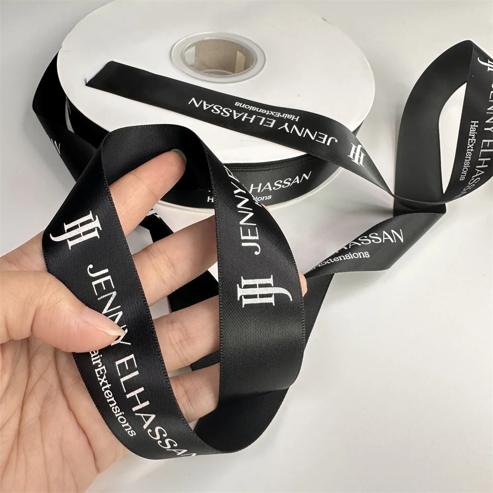 MOQ 1 Roll Luxury Custom Print Satin Ribbon for Gift Wrapping Brand Logo Black Polyester Satin Ribbon for Packaging Clothing Box