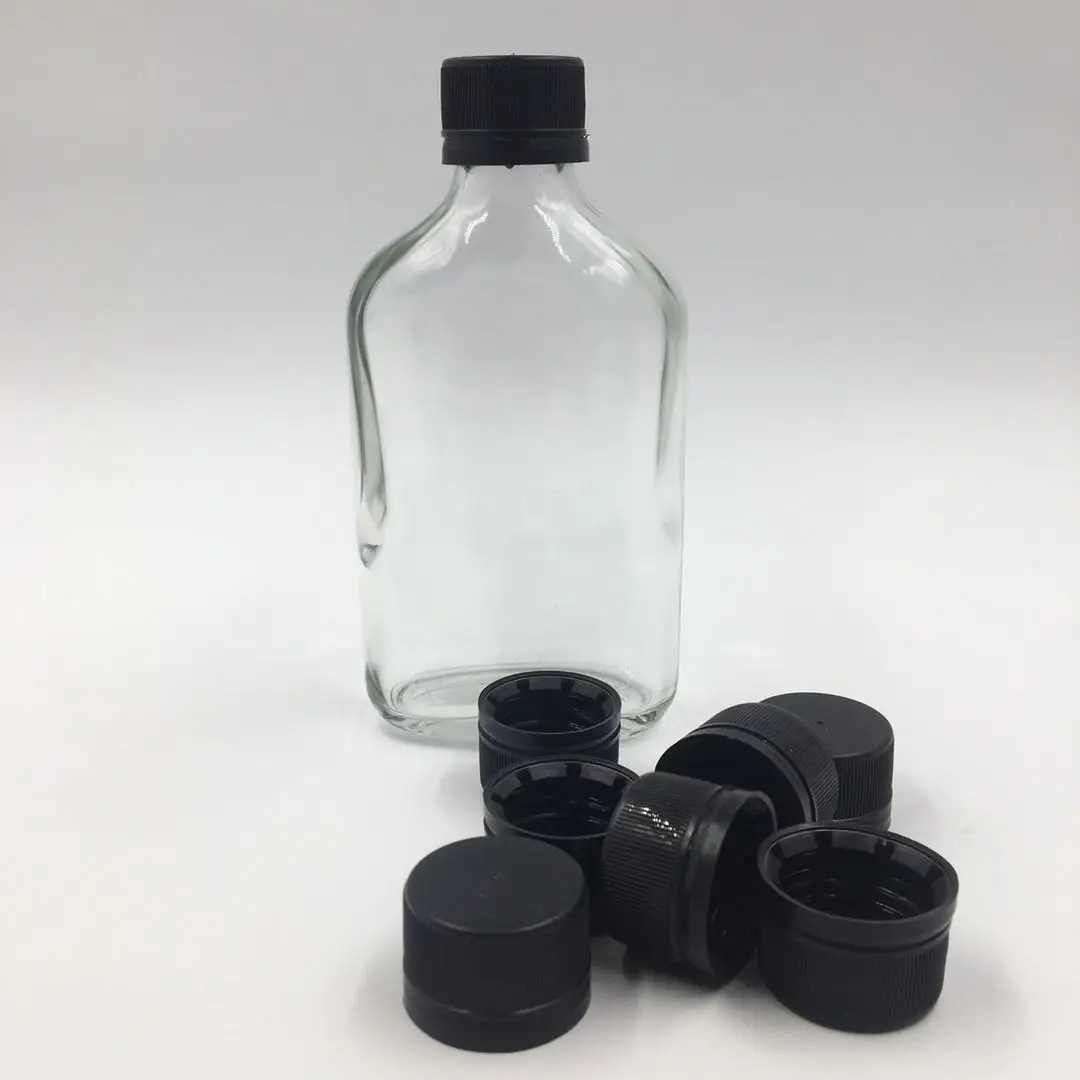 200ml Super Flint Juice Flat Flask Cold Brew Coffee Glass Bottles with Plastic Tamper Proof Lids for Liquor Juice