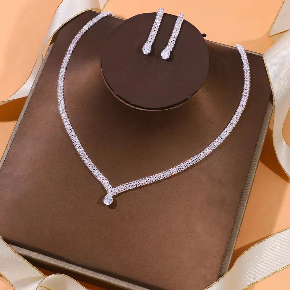 Simple fashion zircon necklace earrings jewelry set Quality wedding accessories