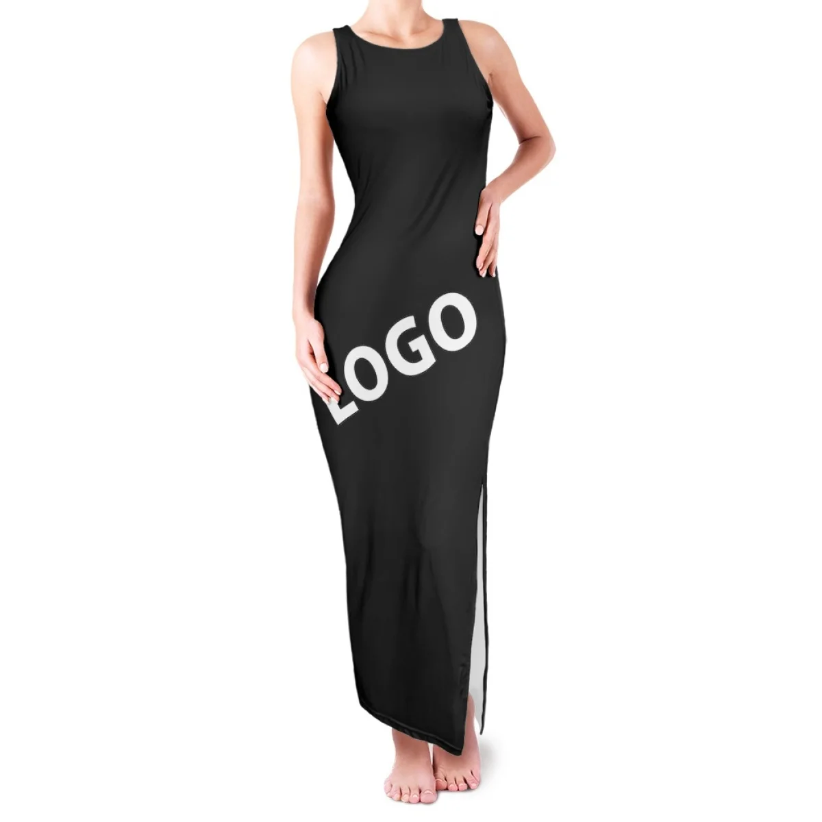 Print On Fashion Product Round Neck Double Slit Sundress Demand Highlight The Waist Curve Show Perfect Figure Elegant Lady Dress