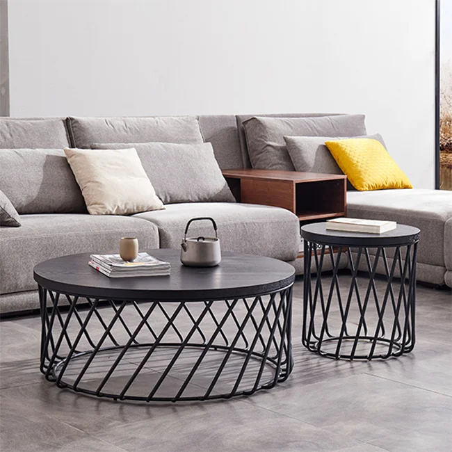 New design living room center round wooden coffee table set with metal storage basket