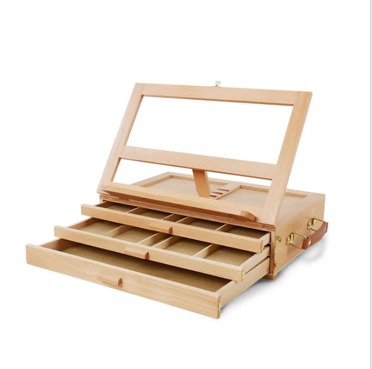 2021 Art supply Multi-Function Solid Beech Wood Storage Box Easel with 3-Drawer