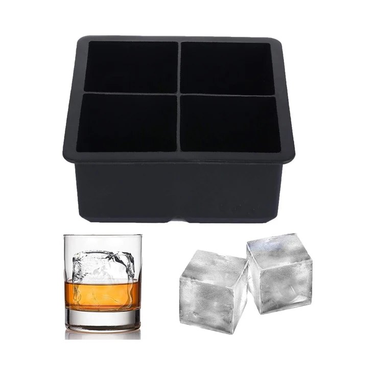 BPA Free Large 4 Cavity Square Silicone Ice Cube Tray Maker Mold for Whisky Beer
