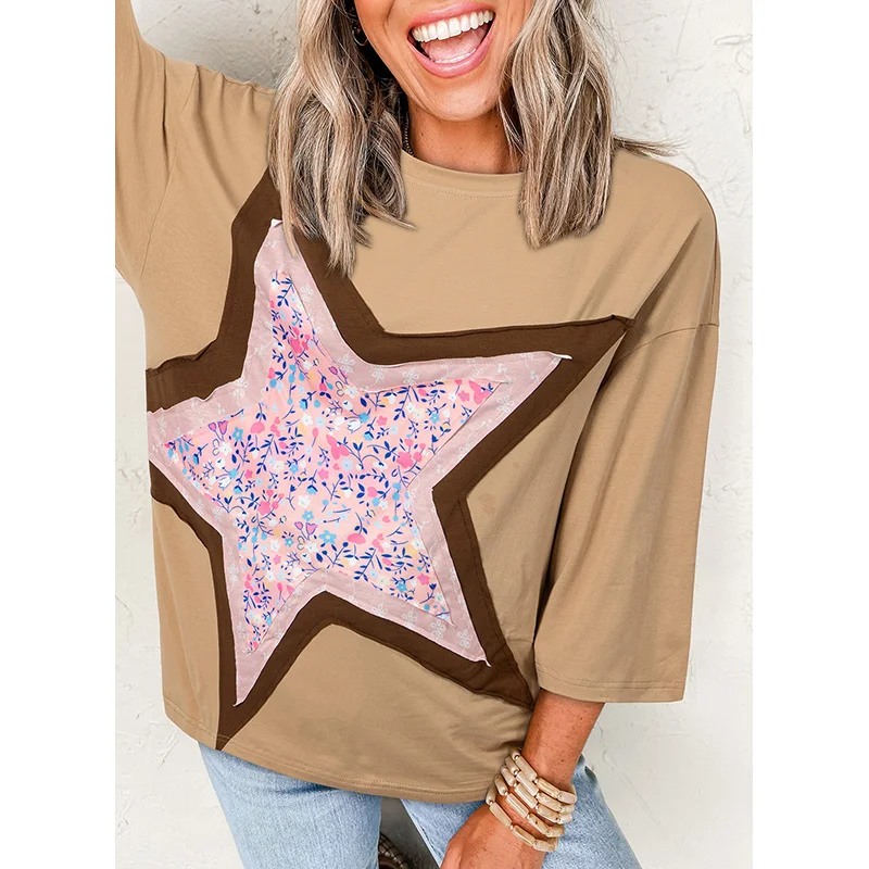 Dear-Lover Wholesale Blouse Women Floral Star Patchwork 3/4 Long Sleeve Basic Tops Women